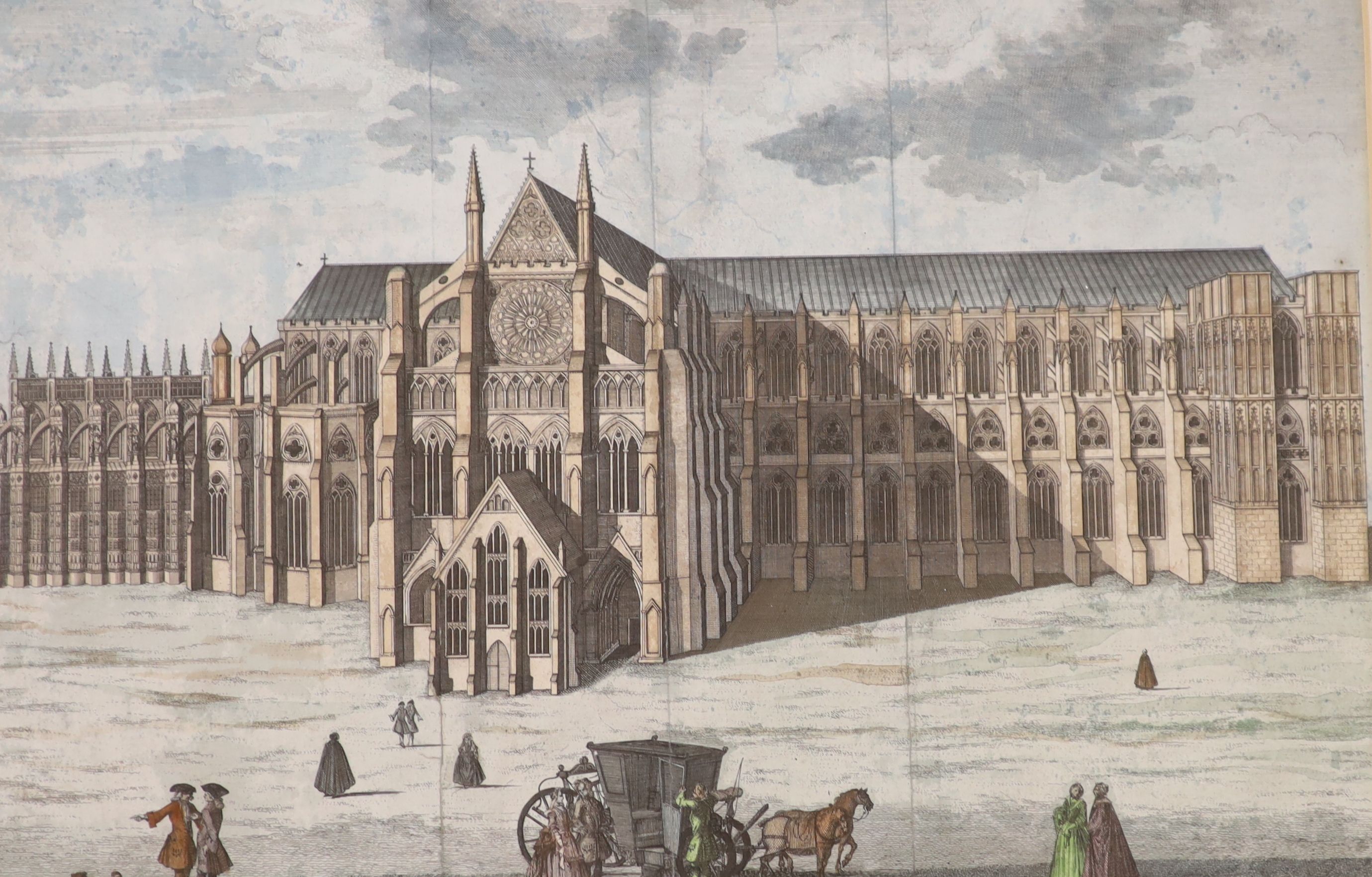 Four assorted 18th century hand coloured engravings of St Paul's Cathedral after Cole and Bowles, largest 32 x 43cm